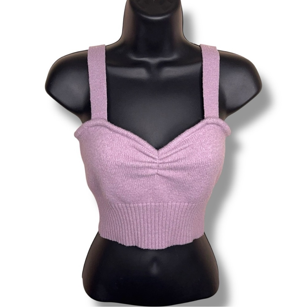 Medium Witty Fox Lilac Knit Crop Top Purple Sweetheart Neckline Fitted Stretch